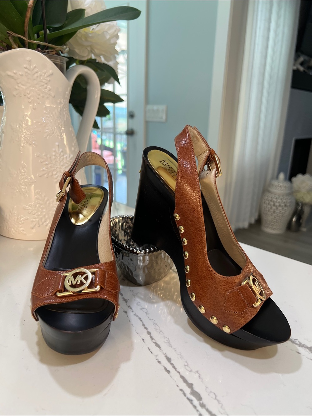 Michael Kors Brown Leather Platform Slingback Wedges with Gold MK size 8